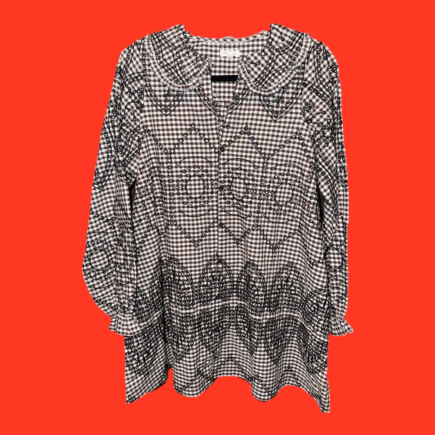 Pilcro Gingham Embroidered Long-Sleeve Shirt Dress